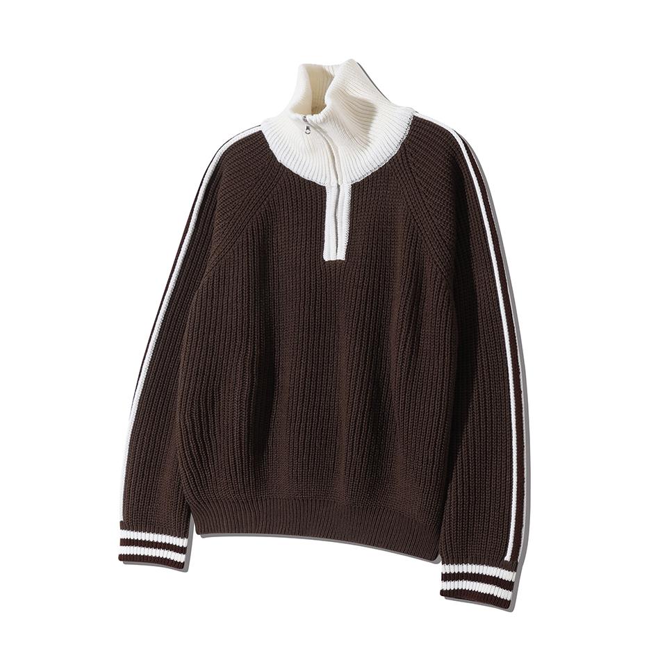 NODU High-Neck Half-Zip Track Line Contrast Collar Hacci Knit [Brown]