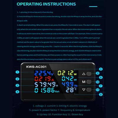 KWS-AC301 Voltage Voltmeter 8 In 1 AC Wattmeter 50-300V 0-100A Digital Ampermeter Electric Meter Edicated Chip Power Detector