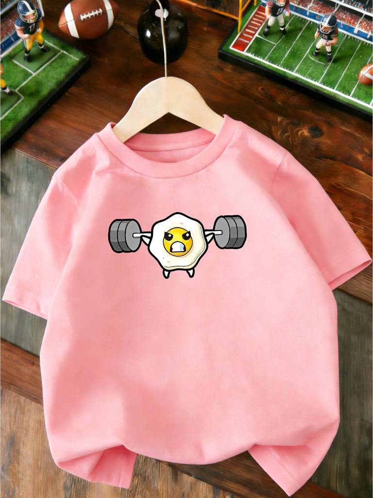 Cute Strong Egg Lifting Barbell Character Graphic T Shirt Boys Girls Casual Short Sleeve Tee Family Matching Kids Cotton Tops