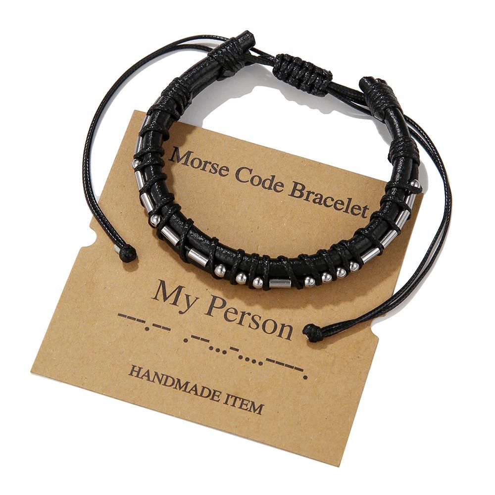 Morse-Code Lederarmband mit Edelstahl-Anhängern für Paare und als Geschenk