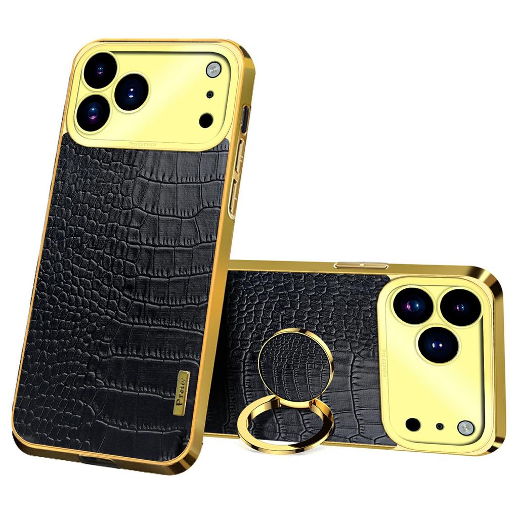 For iPhone 17 Pro Case TPU + PU Kickstand Phone Cover Crocodile Texture Electroplating