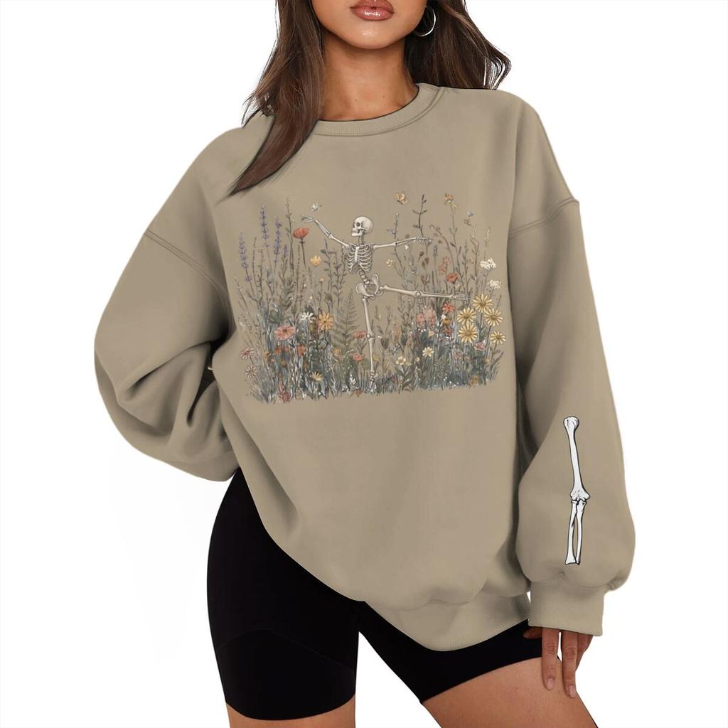 Halloween Skeleton Graveyard Print Sweatshirt Vintage Spooky Season Streetwear Fun Halloween Pullover For Men Women