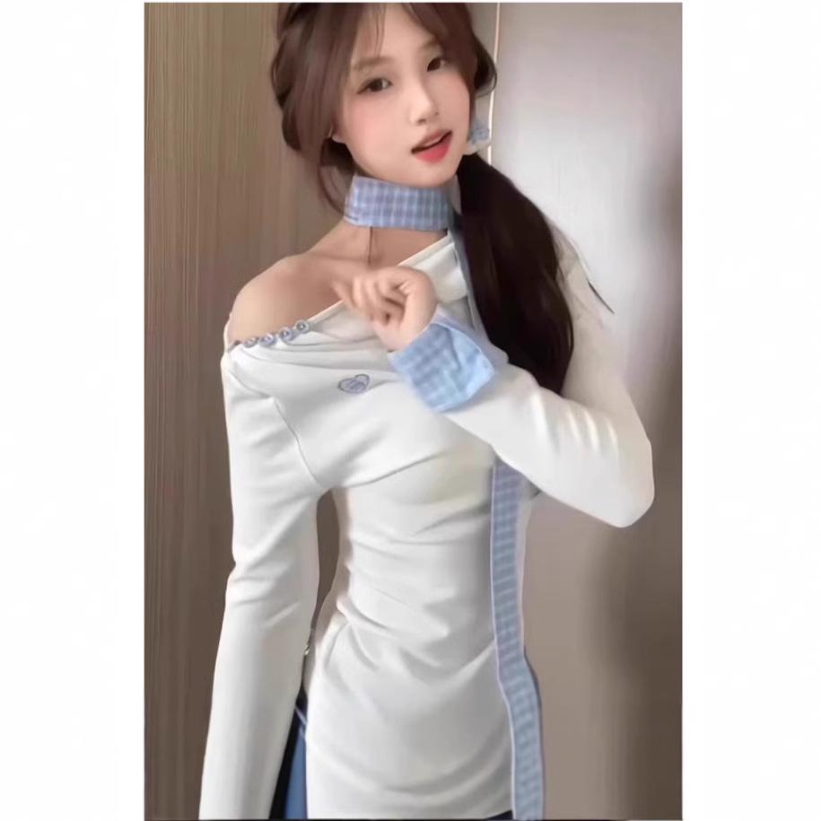 

Women s One-Shoulder Plaid Ribbon Halter Top - Spring/Autumn 2025 Collection L белый