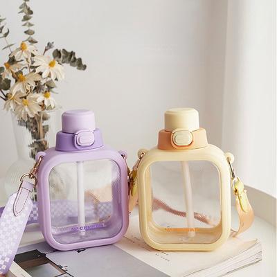 1 τεμ. 700ml Νέο Πλαστικό Μπουκάλι Νερού για Κορίτσια Kawaii Μαθητικό Άνοιγμα Καλοκαίρι Κορίτσια Χαριτωμένο Διαγώνιο Λουράκι Πλαστικό Επίπεδο Μπουκάλι Νερού Τετράγωνο Κύπελλο Ποτού