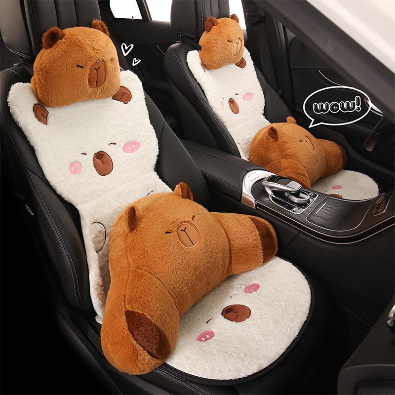 Cartoon Cute Capybara Winter Plush Car Seat Cushion for Cadillac CT5, Aoge XT4, XT5