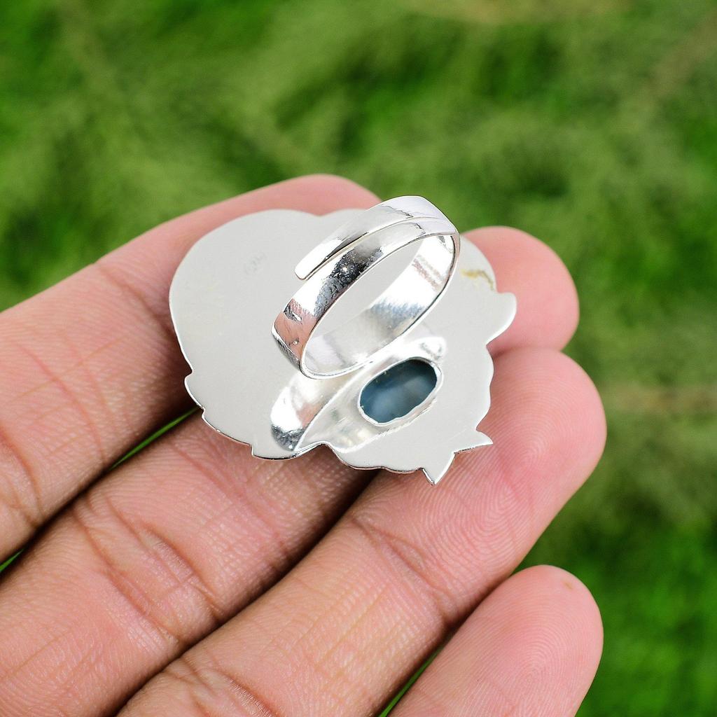 Natural Larimar Statement Anniversary Handmade Wedding Ring 925 Sterling Silver