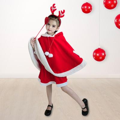 Kinder Weihnachtsmantel mit Kapuze, Kordelzug, Plüschball-Dekor, farblich passendes Kapuzengeweih-Design, dick, hält warm