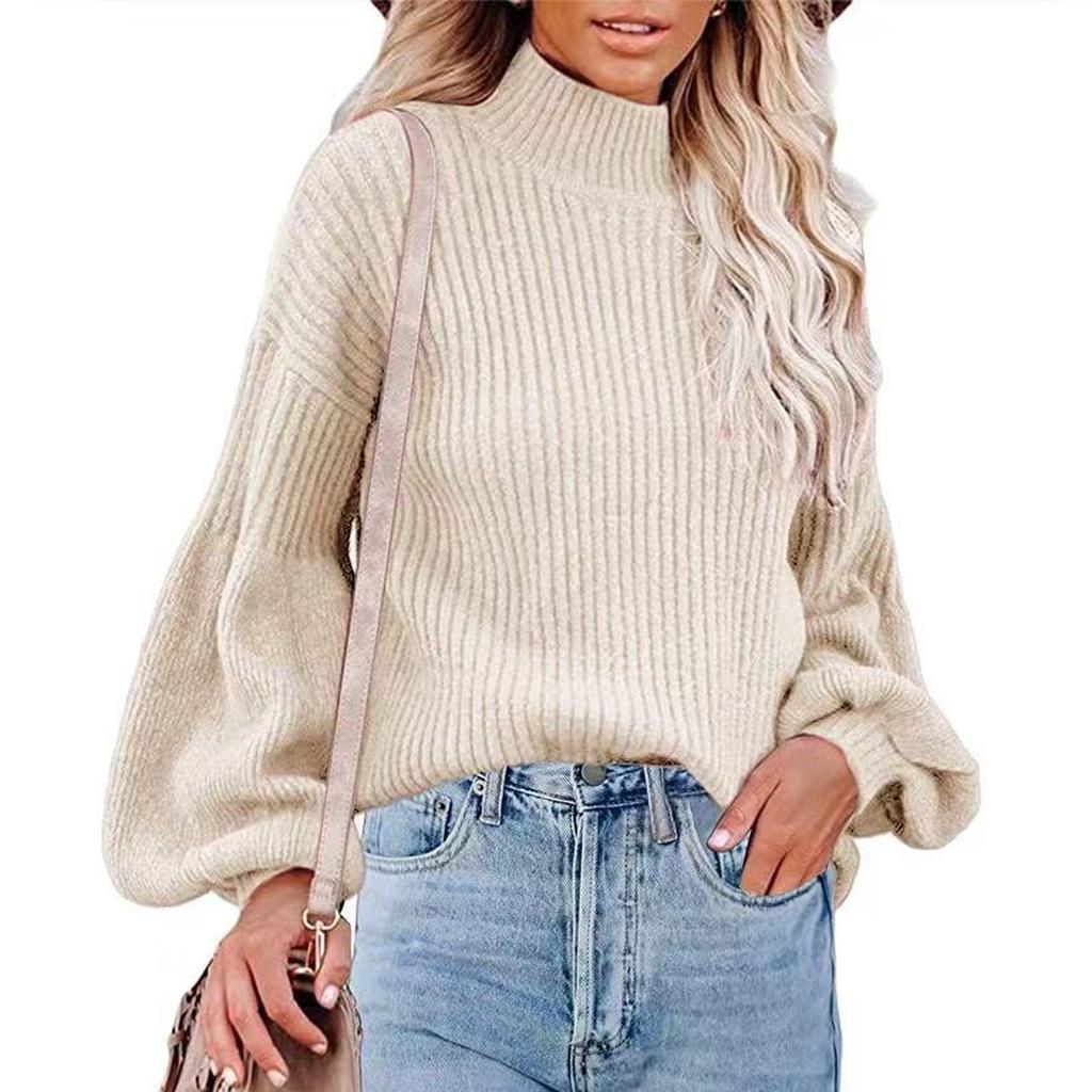 Dames effen kleur hoge kraag lange mouw pullover blouse gebreide trui