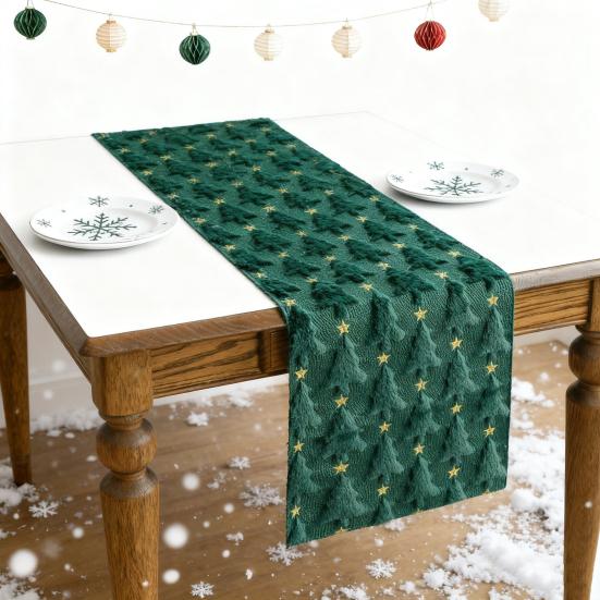 Zielony bieżnik na stół choinkowy 13x72 cali Miękki pluszowy żakardowy bieżnik ze sztucznego futra na świąteczny wystrój stołu kuchennego