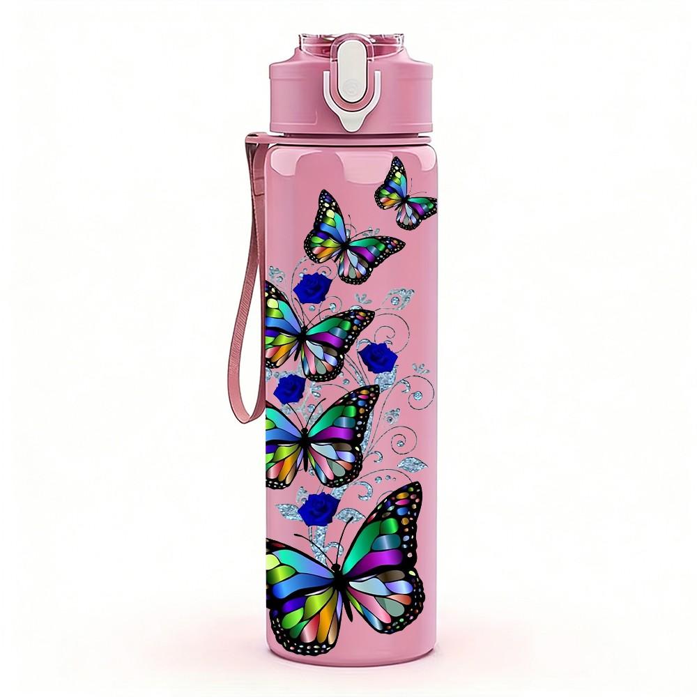 1PC Rainbow Butterfly Art Pattern 750ml Color Plastic Sports Water Bottle Leakproof Flip Straw Lid Suitable for Sports Office Home Use