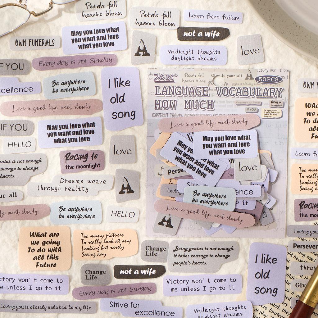 50pcs Distant Travel Words Retro English Text Stickers Aesthetic Phrase Label Decals for DIY Journal Scrapbook Collage
