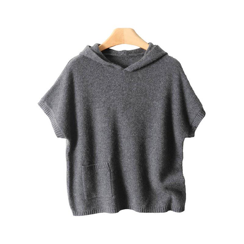 Early Autumn Women's Hooded Vest: 100% Pure Wool, Seven-Stitch, Short Sleeve, Pocket Design, Layering Sweater