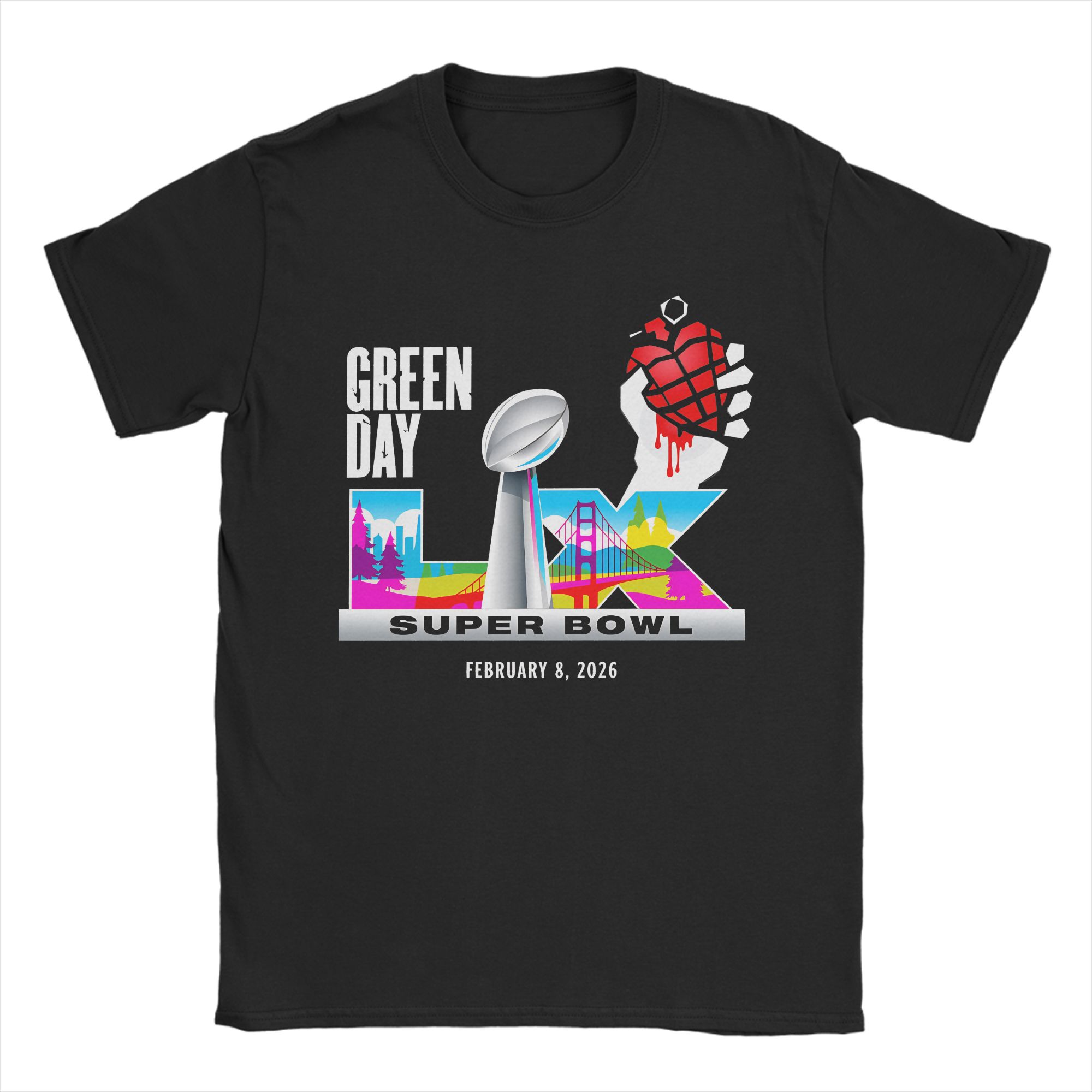 

2026 New Green Day Super Bowl LX Graphic Tshirt Cotton unisex Short Sleeve Loose shirt Y2k rock fashion Summer Unisex streetwear M