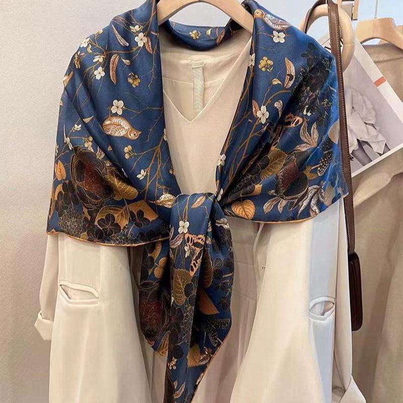 Finch On The Branch Dark Green Satin Silk Scarf Silk Women Spring And Autumn Mulberry Silk Scarf Shawl Dual-Purpose Large Square Scarf
