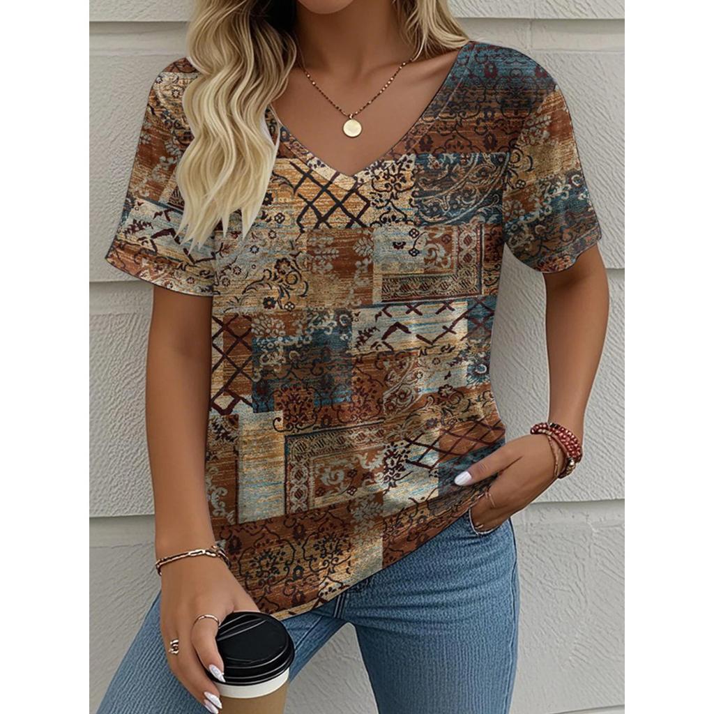 Summer V-neck Vintage 3D Printed Top Fashionable Casual Short Sleeved Women's T-shirts