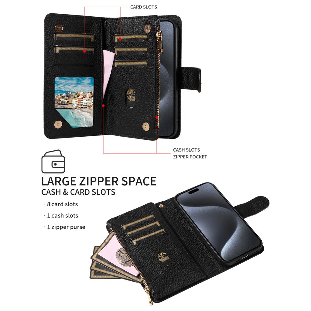 Artificial Leather Zipper Lychee Pattern Phone Case for Iphone16 15 14 Pro Max Plus 13 1211Pro Mini 7 8 XS Clamshell Wallet Case