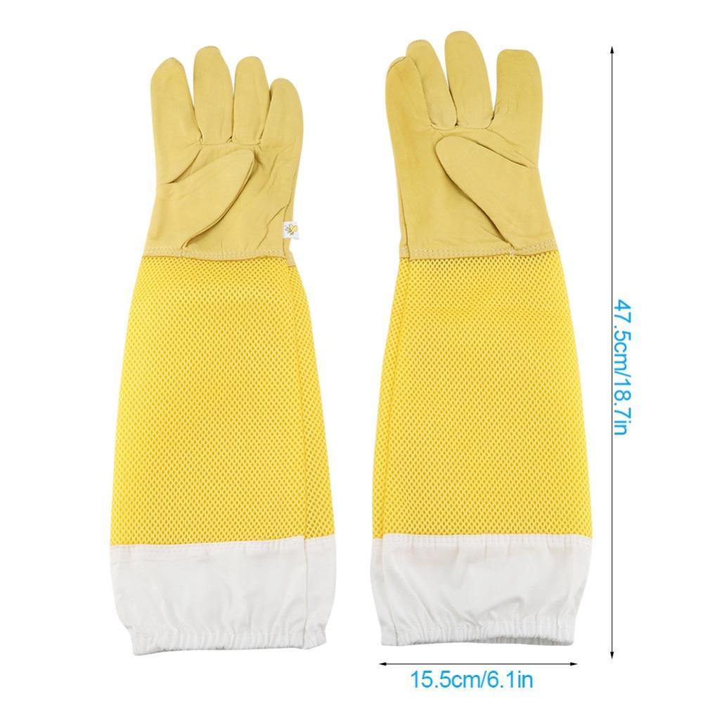 1 Pair Mesh Sleeve Beekeeping Protective Gloves Leather Palm Yellow Beekeepers Gloves Beekeeping Protection