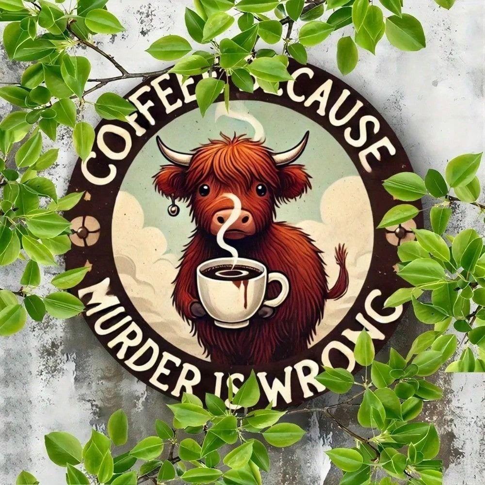 Metal Sign Highland Cow with Coffee Cup Wall Art Metal Poster Bar Pub Kitchen Decoration 8 Inch Retro Tin Sign for Home Metal Wall Decor for Man Cave