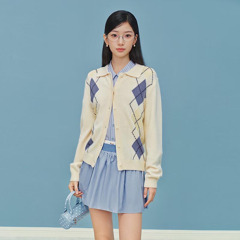 LED'IN Women's Color Block Argyle Knit Cardigan