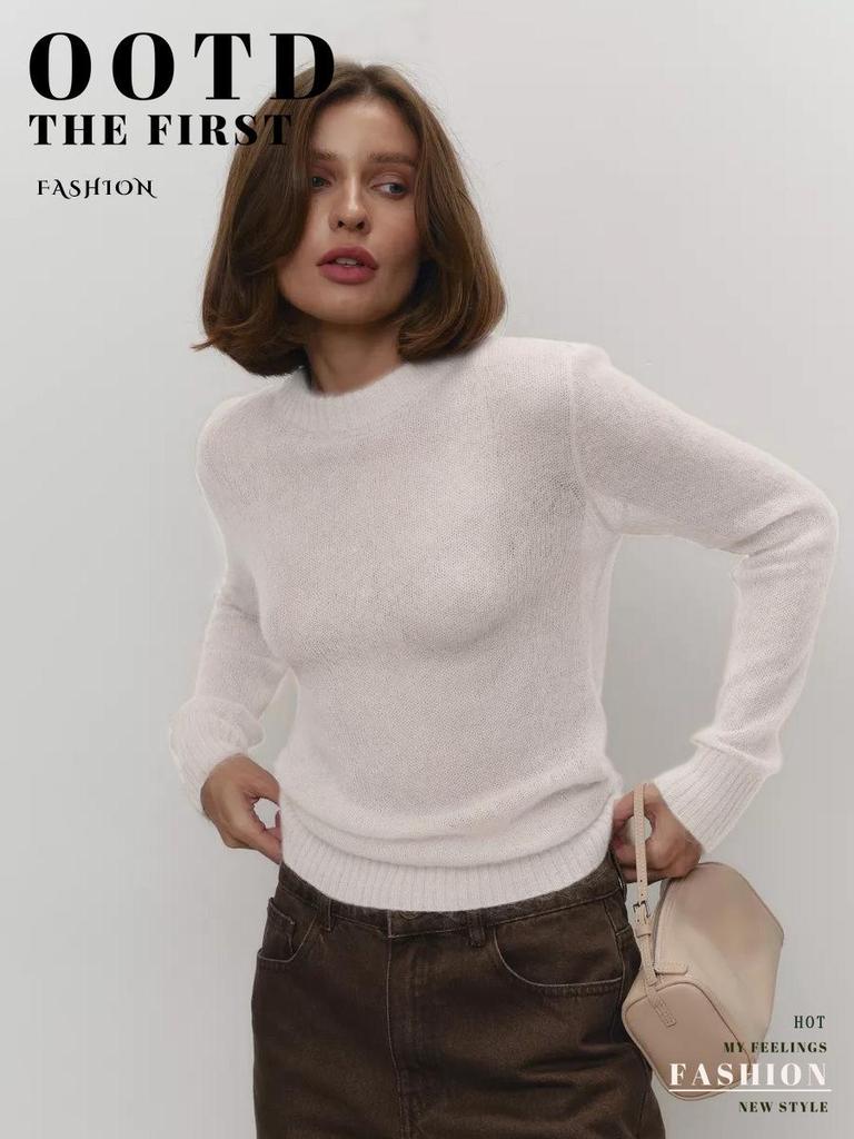 2025 Spring/Summer Women's European-American Mohair Crew Neck Semi-Transparent Knitted Sweater