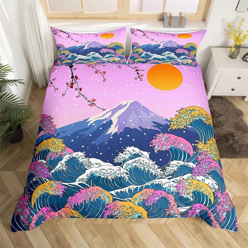 Cherry Blossoms Bedding Set Landscape Painting Duvet Cover Set Japanese Style Comforter Cover Polyester Abstract Art Quilt Cover