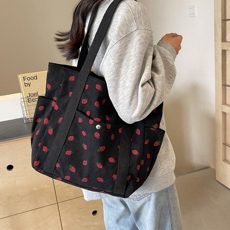 Strawberries Corduroy Handbag Sweet Women's Bag Fashionable Versatile Shoulder Bag Beautiful Simple Commuter Women's Tote Shopping Bags
