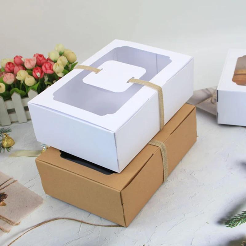 12Pcs Large Kraft Paper Box Cookie Candy Cake Gift Box Transparent Window Birthday Christmas Gift Packaging Bag Party Supplies