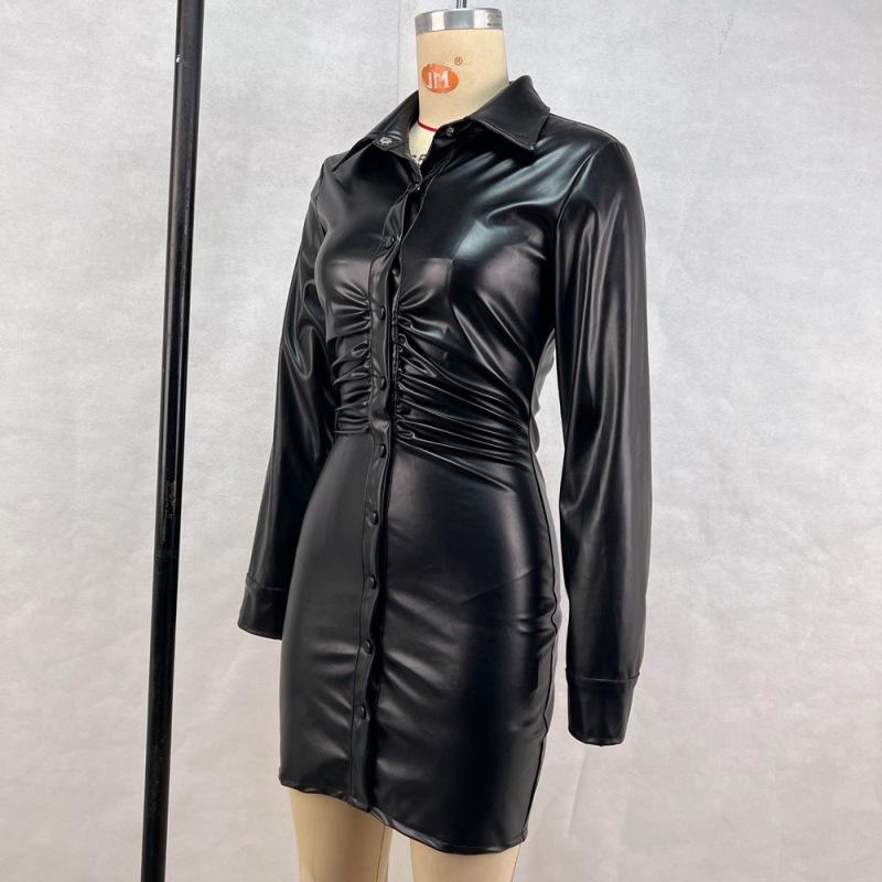 Dámské šaty z matné kůže Elegantní bodycon plisované mini šaty s dlouhým rukávem Párty Stretch PU Slim Y2K šaty do klubů s plným knoflíkem Novinka