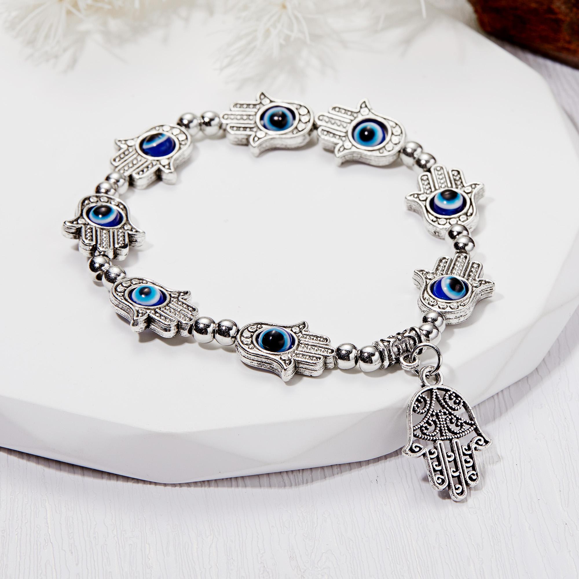 Trendy Turkish Blue Evil Eye Charm Bracelet Hand of Fatima Resin Crystal Beaded Bracelets For Women Men Lucky Wish Jewelry Gifts