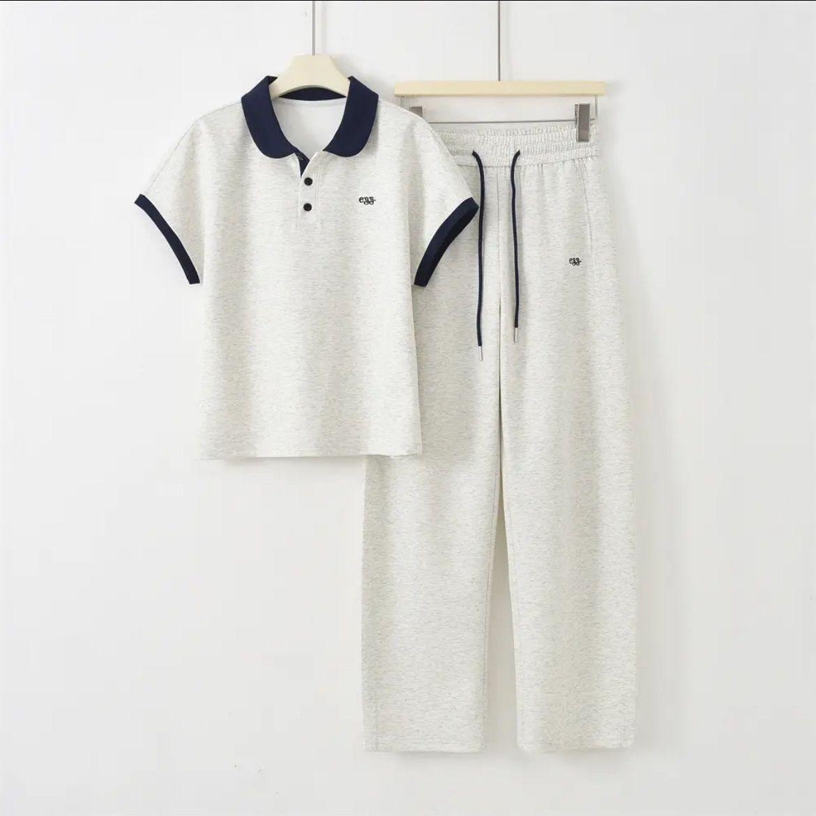 

Women s Summer Cotton Sportswear Set: Doll Collar Short Sleeve Top & Casual Pants, Two-Piece. 3XL (145-160 lbs)