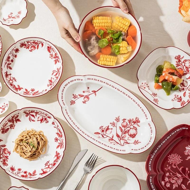 Ceramic Tableware Flower Pattern Bowl Plate Dish Dinner Plate Bread Dish Party Home Dinnerware Table Decoration Kitchen Utensils