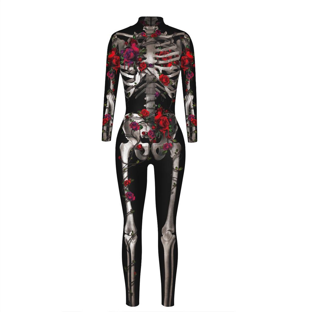 Goth Skull Cosplay Jumpsuit With Digital Print For Adults Halloween Costume