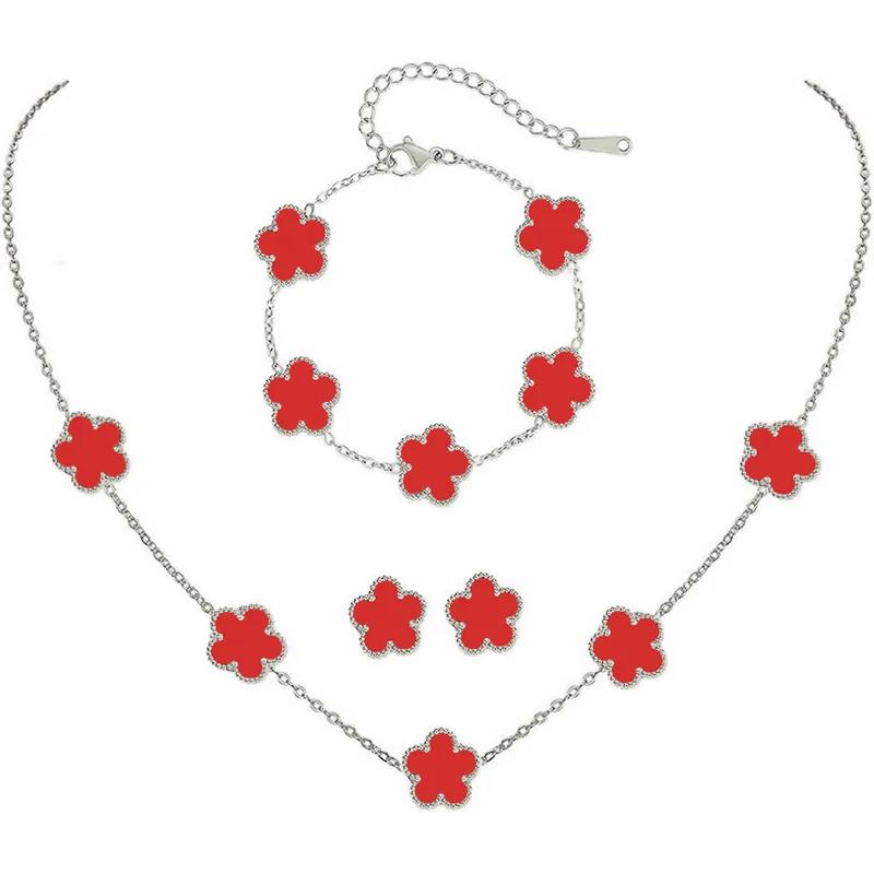 Conjunto de Joias Trevo Cor Prata para Mulheres Aço Inoxidável Hipoalergênico À Prova D'água Brincos Flor Colar Corrente Pulseira Novo