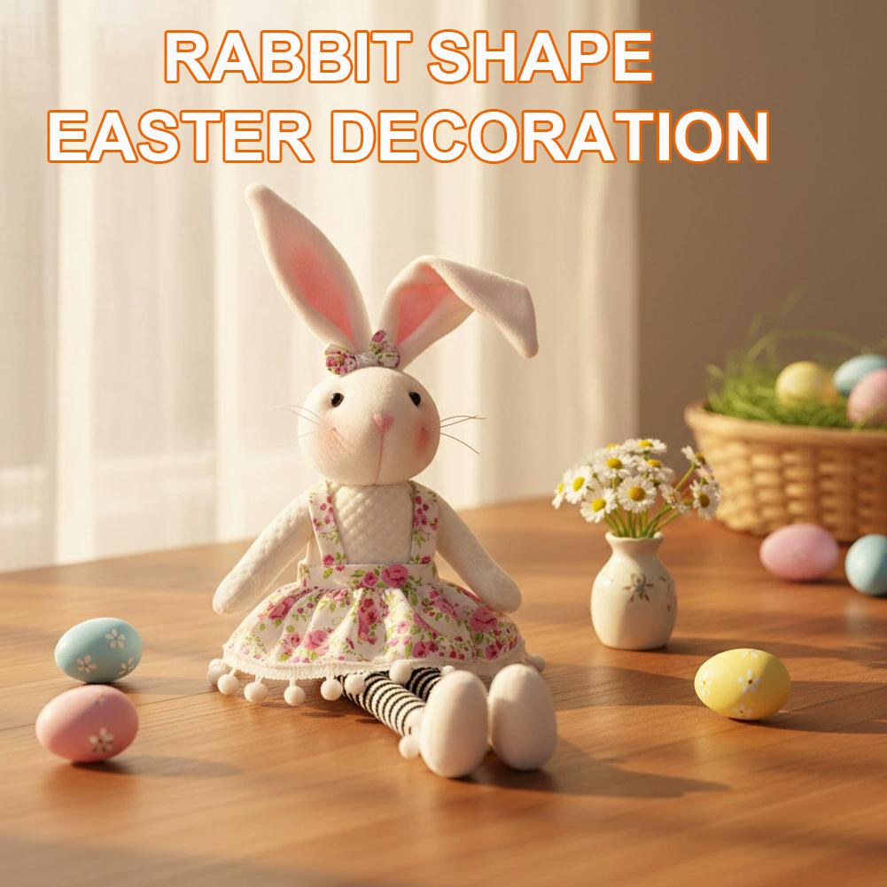 Plush Doll Cute Long-Leg Sitting Stripe Rabbit Toy Adorable Floral Dress Design With Pom-Poms Easter Home Decor
