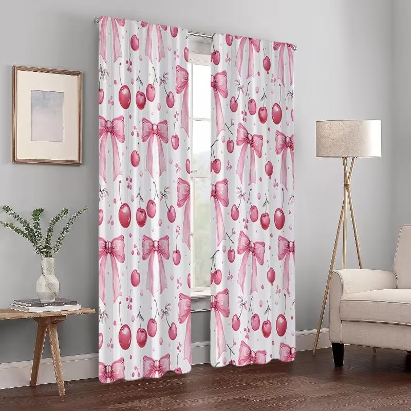 2 ks Růžové třešňové závěsy s mašlí Kawaii Sladký potisk Světlo filtrující závěsy Roztomilá dívčí domácí dekorace do ložnice obývacího pokoje