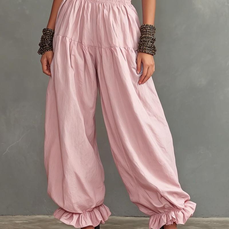 Women's Smocked Waist Harem Pants Loose Balloon Trousers Ruffle Ankle Casual Summer Pants