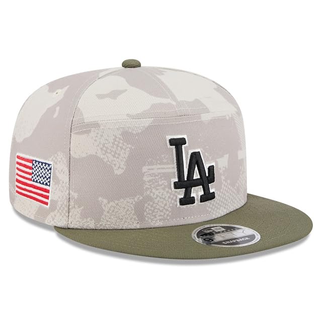 SPIRIT PANEL 9FIFTY Snapback Cap Los Angeles Dodgers 2025 MLB ARMED FORCES STARS N STRIPES SNAPBACK CAP LT BEIGE OLIVE LOS ANGELES DODGERS Hat 950SP