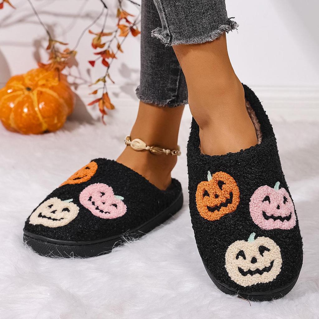 Unisex Halloween Pumpkin Indoor Cotton Slippers for Autumn and Winter, Warm Closed-Back Design