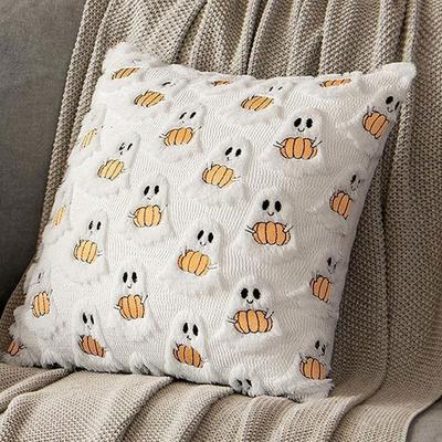 For Halloween Pumpkins Ghosts Pillow Covers White Soft Plush Faux Fur Farmhouse Throw Cushion Cases For Fall Holiday Home Decor