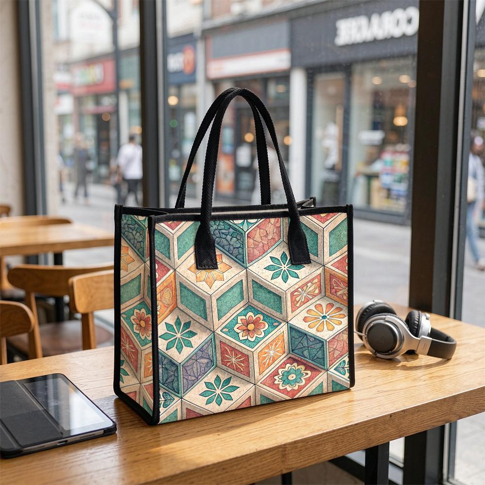 Vintage Pattern Tote Bag Geometric Floral Design Large Capacity Casual Shopping Bag for Daily Use