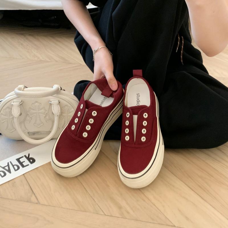 Advanced Sense~ Height Increase 7cm Lazy Without Shoelaces Round Head Thick Sole One Pedal Casual Board Shoes Women's Canvas Shoes