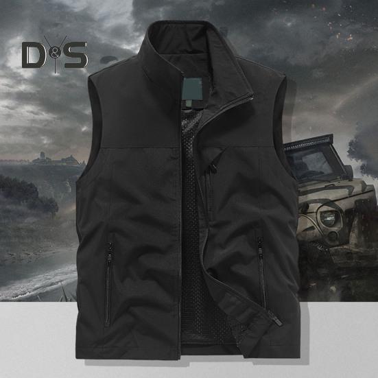 Herre Vest Ståkrage Ermeløs Glidelåslukking Vestjakke med Store Lommer Ensfarget Utendørs Fiskevest