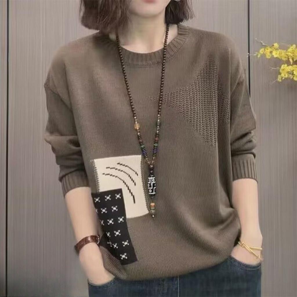 Spring Autumn Women's Casual Loose Sweater In Contrasting Color with Long Sleeves Round Neck In Famous Ethnic Style, Fashionable Knitted Sweater