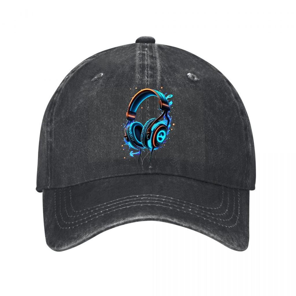 Neon Glow Gaming Headphones Music Audio Illustration Washed Baseball Cap Outdoor For Womens Unisex FeUnisex