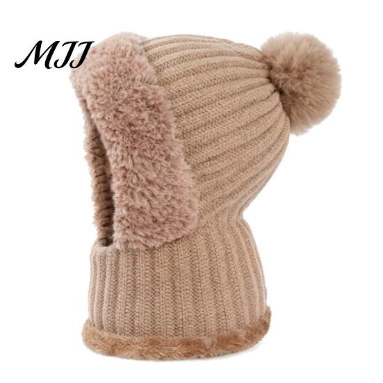 Elastic Warm Hat for Running Windproof Balaclava, Knitted Ski Mask Hat, Fleece Lined Knit with Winter Balaclava Men And Women Pompom, Cozy Neck Warmer