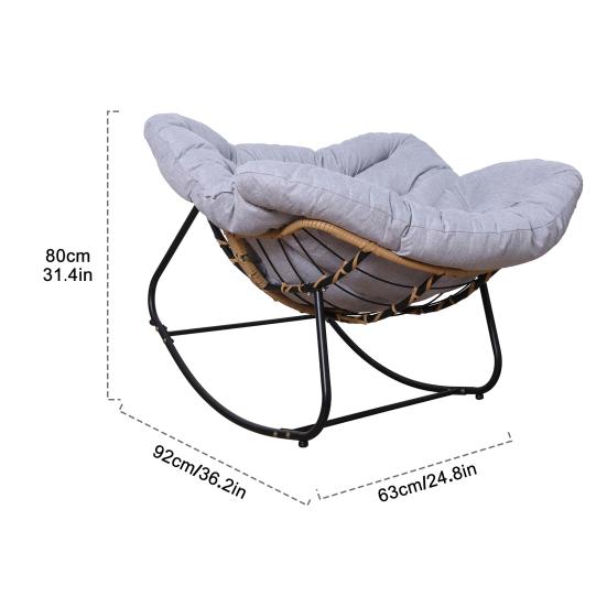 Outdoor Rattan Rocking Chair Patio Comfy Reading Chair with Oversized Cushion Indoor Recliner Wide Rocking Chair for Balcony Front Porch Grey