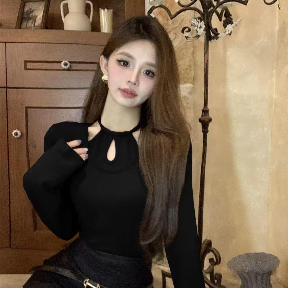 

Hollow Halter Neck Long Sleeve Slim-Fit Women s T-Shirt - Sexy Stylish Base Layer for Spring/Autumn 2XL чёрный