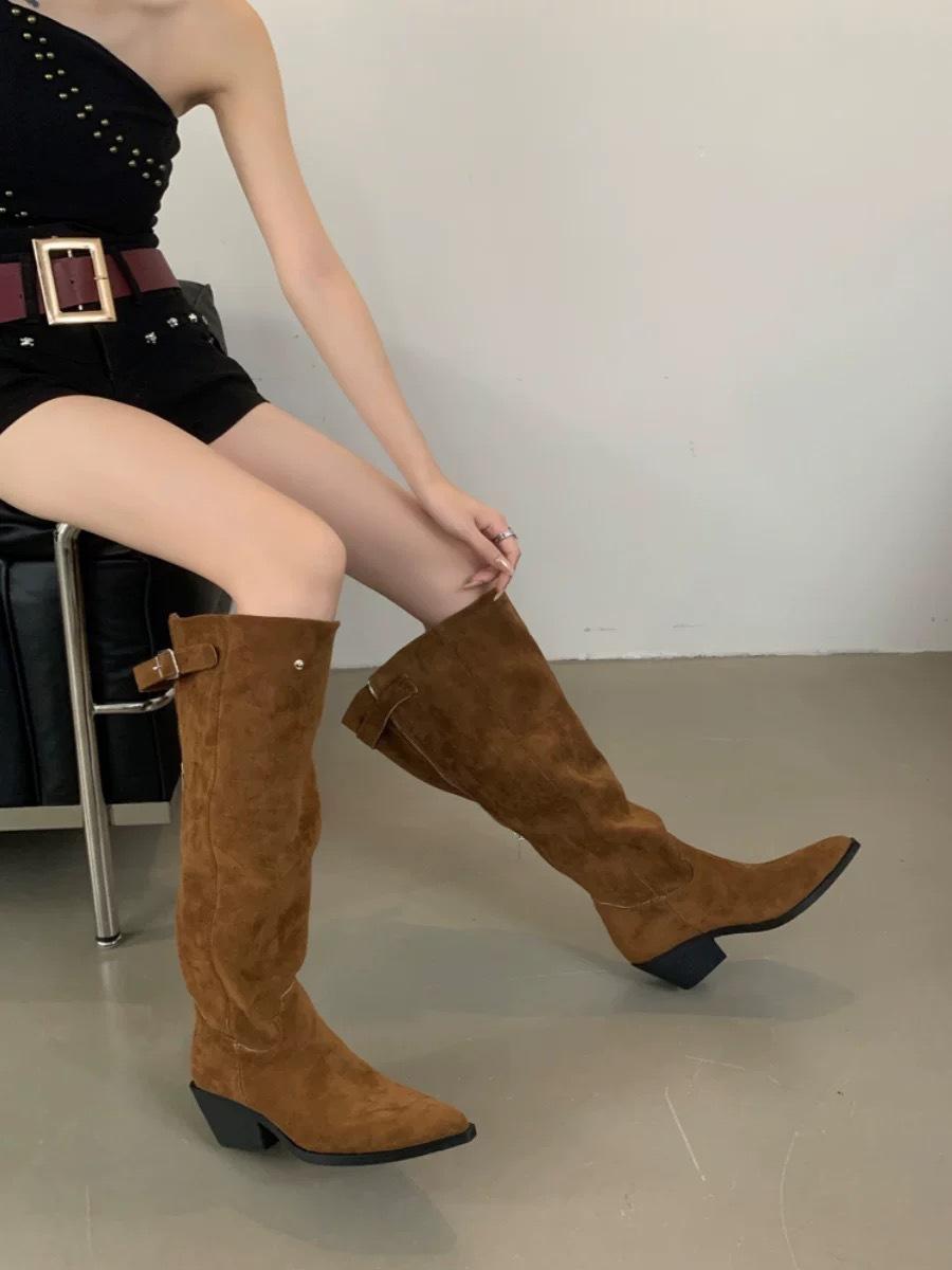 

Fashion Retro Winter Knee-High Boots Woman Round Toe Stacked Western Leather Boots 2025 New Autumn Winter Pleated Hot Chick Shoes 36 коричневий