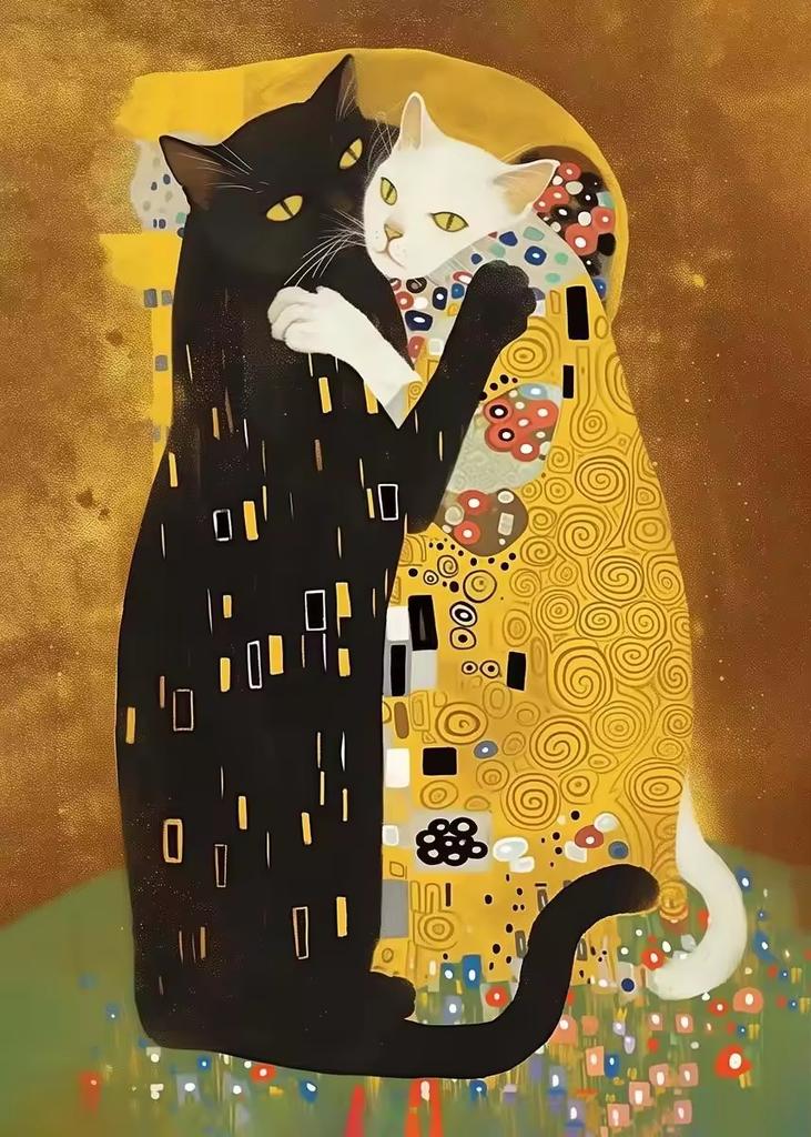 Vintage Creative Parody Style Print Wall Art Pictures Painting Living Room Home Decoration Cat Kitty Klimt Kiss Canvas Poster