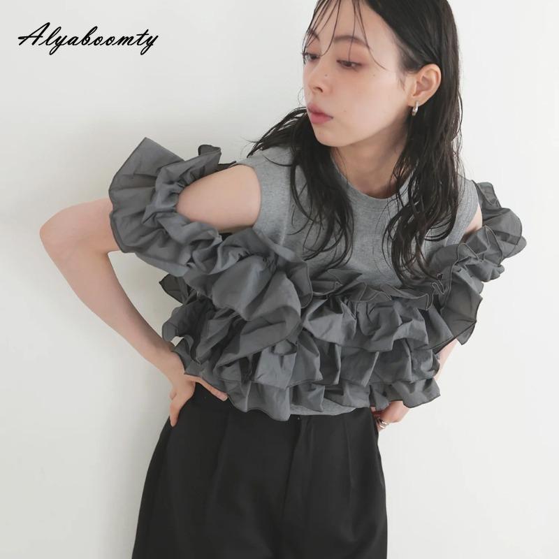 Summer Women Stylish Streetwear T-Shirt Black Gray Apricot Off Shoulder Ruffles Tee Fashion Ladies' Patchwork Top